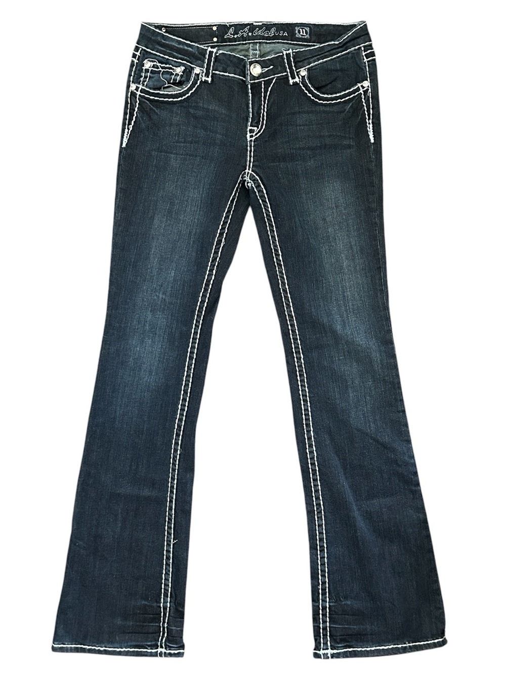 Y2K “LA Idol USA” Dark Wash Mid Rise Bootcut Style Rhinestone Jeans